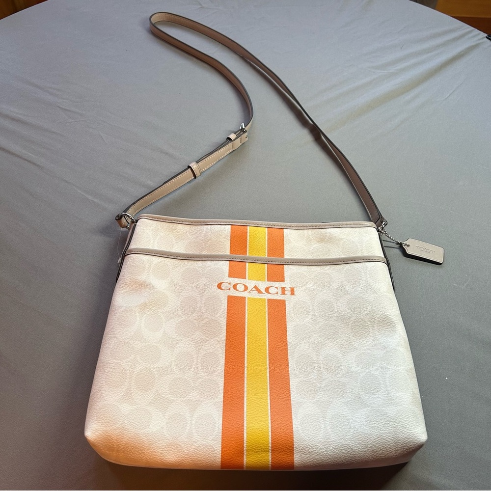 Coach Crossbody Bag Cream Canvas Stripe Logo Yellow Interior Pockets Zip Closure